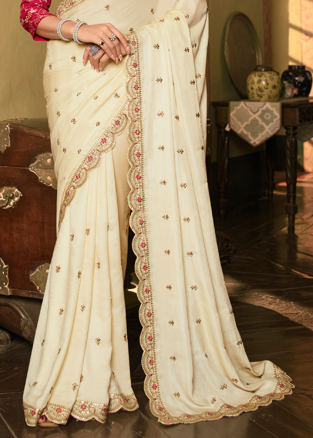 Buy MySilkLove Hampton White Designer Embroidered Silk Saree Online