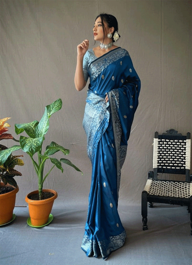 Buy MySilkLove Chathams Blue Zari Woven Banarasi Silk Saree Online