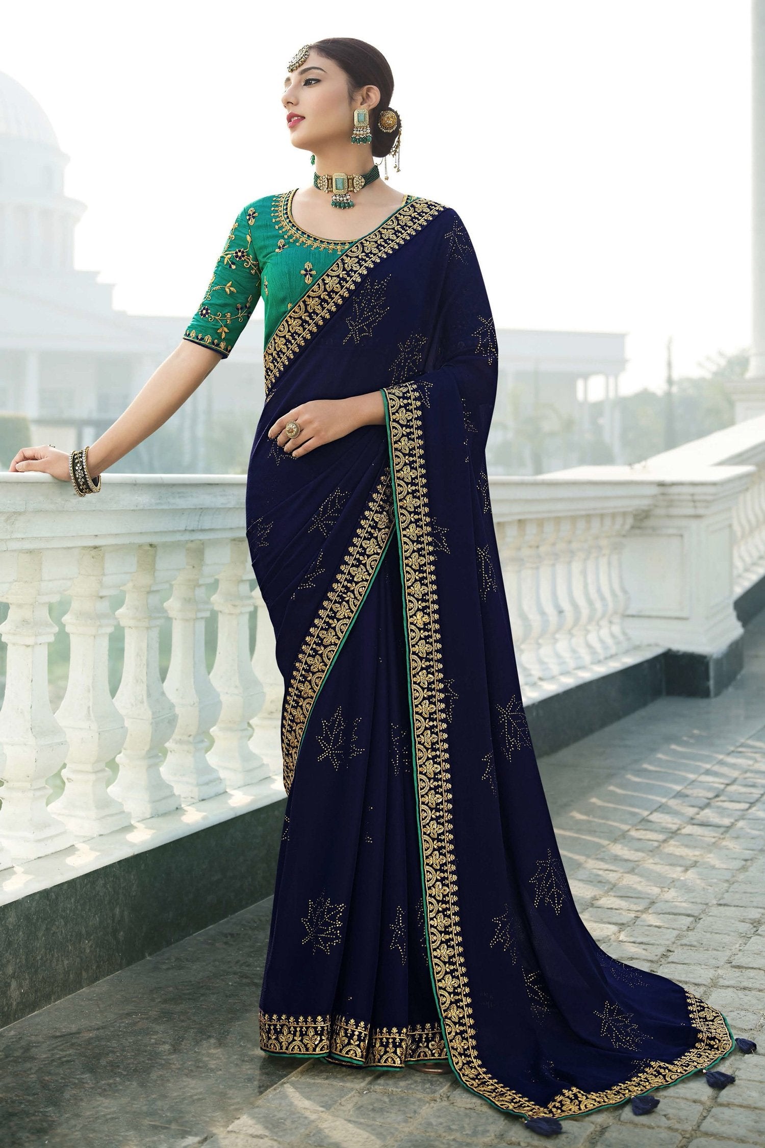 Buy MySilkLove Mirage Blue and Green Chiffon Stone Work Saree Online