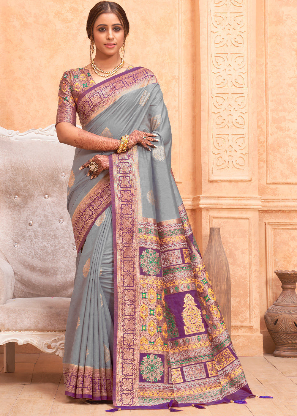 Buy MySilkLove Venus Grey and Purple Zari Woven Banarasi Silk Saree Online