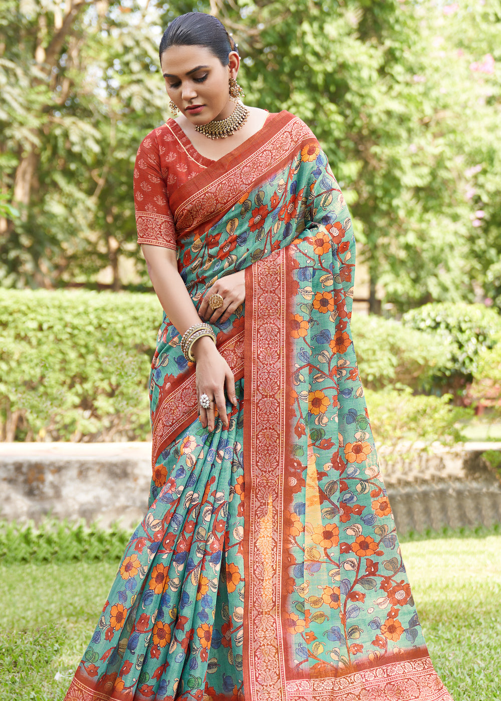 Buy MySilkLove Neptune Blue Linen Kalamkari Digital Print Saree Online