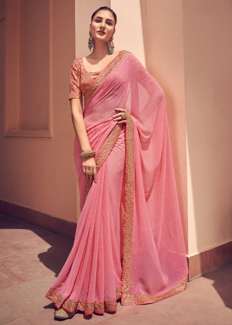 Petite Pink Lehriya Print Georgette Saree With Embroidered Blouse