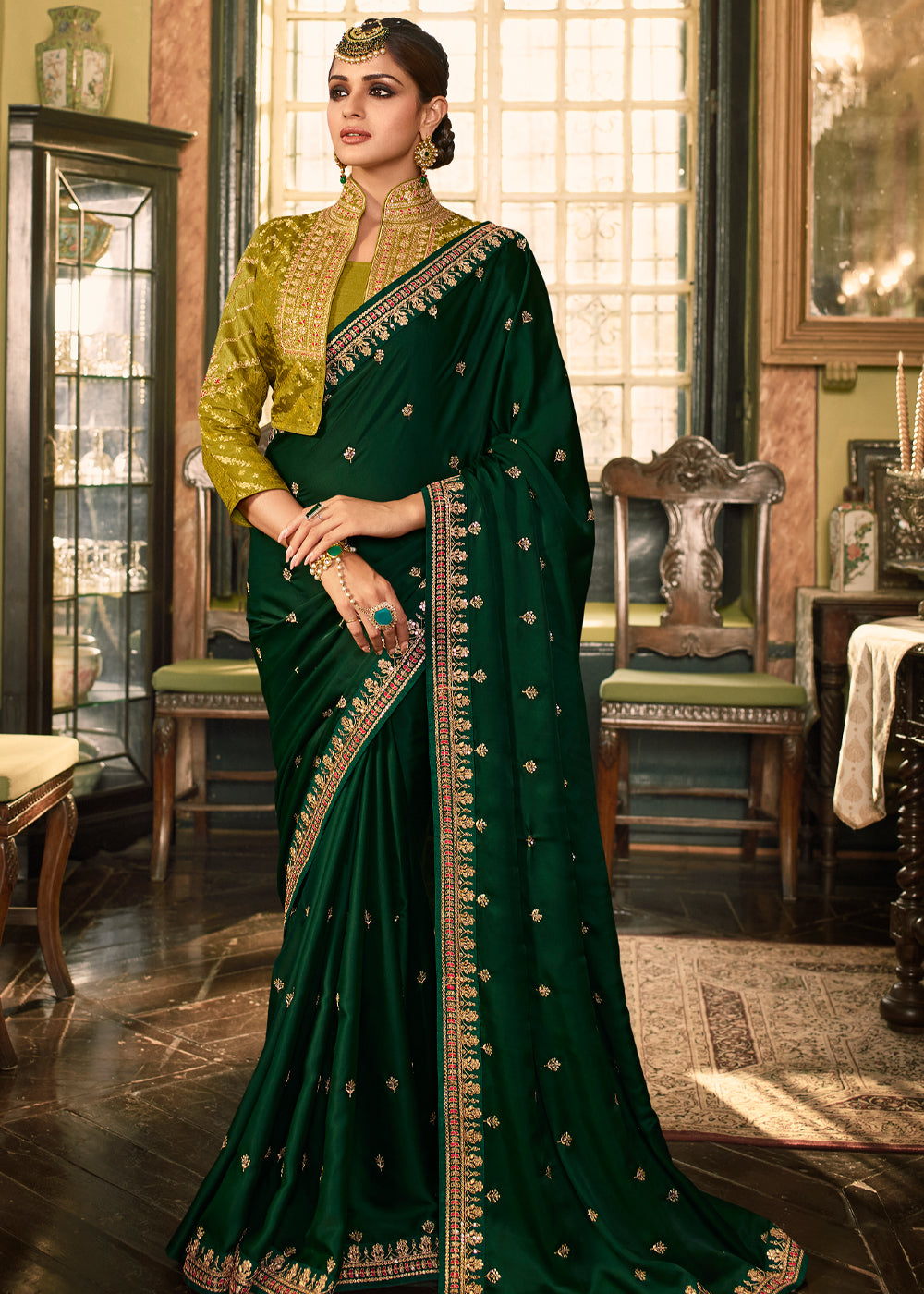 Buy MySilkLove Dark Fern Green White Designer Embroidered Silk Saree Online