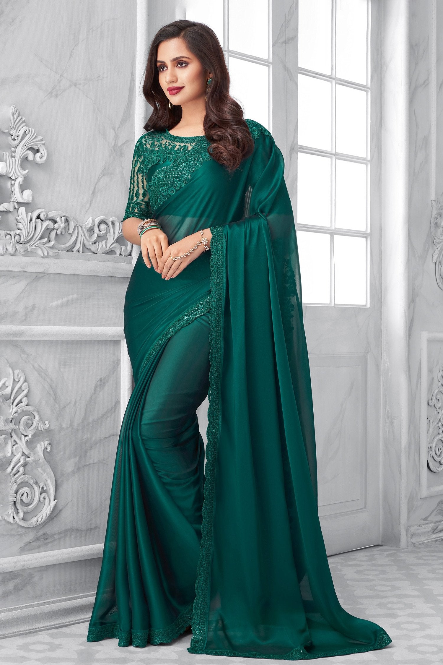 Buy MySilkLove Deep Sea Green Two Tone Georgette Designer Silk Sraee Online