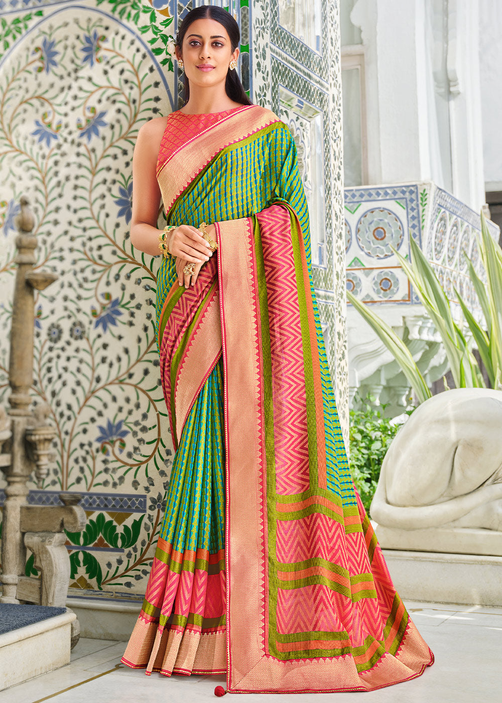 Buy MySilkLove Aqua Forest Green Brasso Patola Printed Saree Online