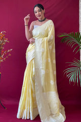 Caper Yellow Lucknowi Woven Linen Saree