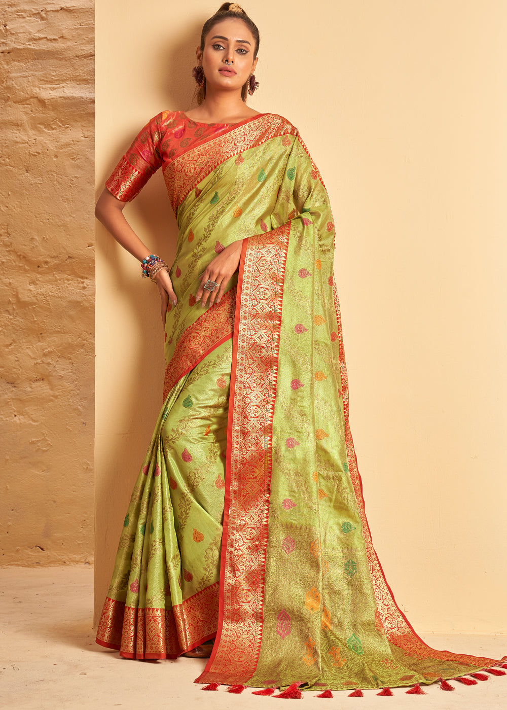 Buy MySilkLove Wild Rice Green Woven Banarasi Brocade Silk Saree Online