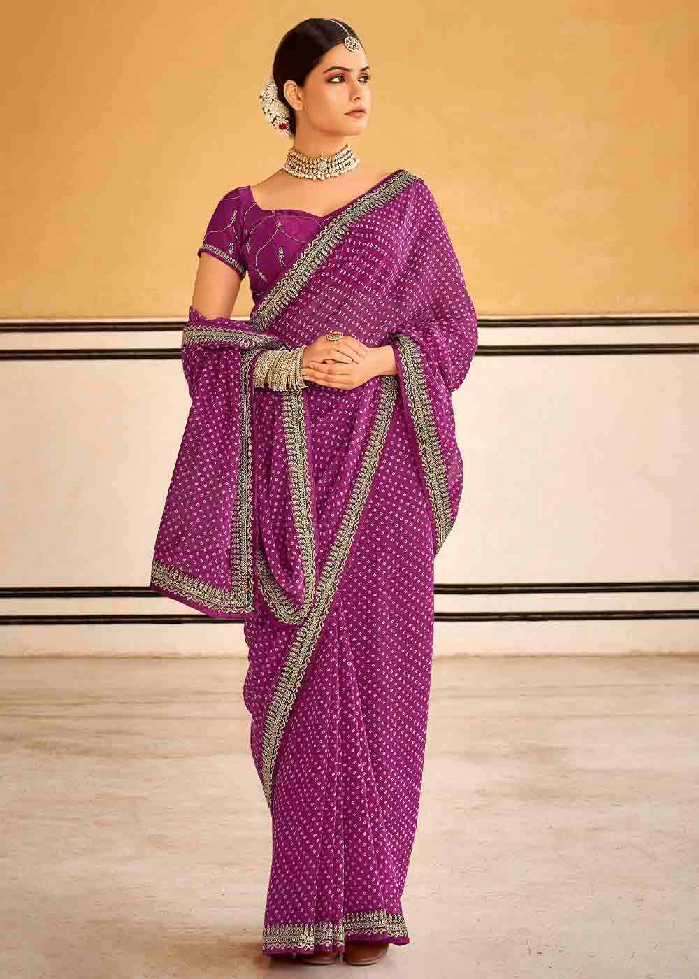 Buy MySilkLove Rouge Purple Georgette Leheriya Printed Saree with Embroidered Blouse Online