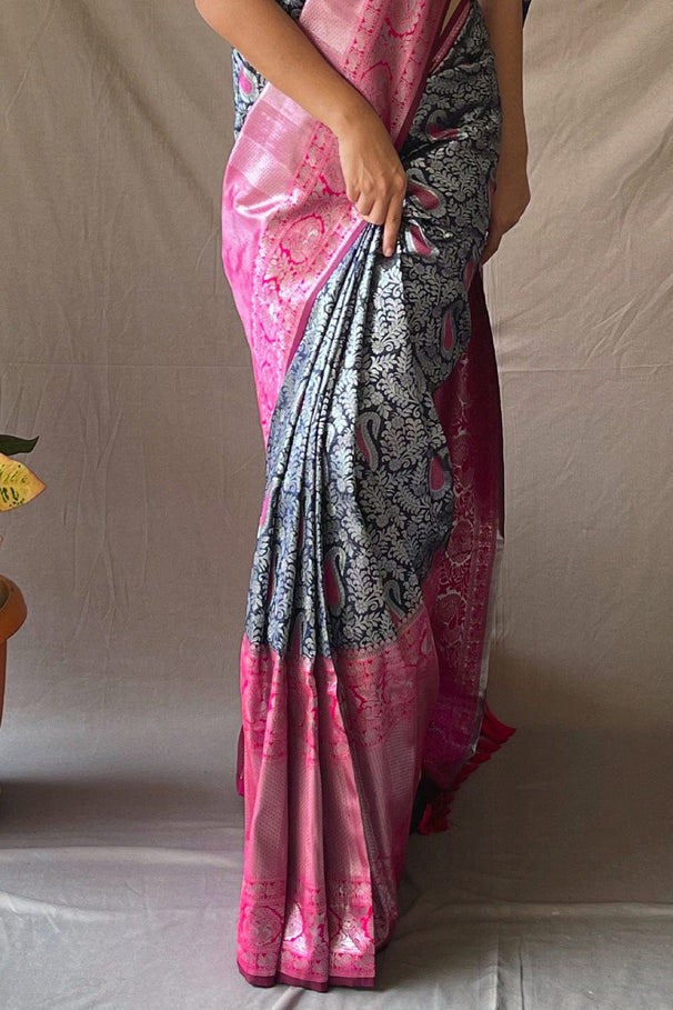 Buy MySilkLove Opal Blue and Pink Kanjivaram Silk Saree Online