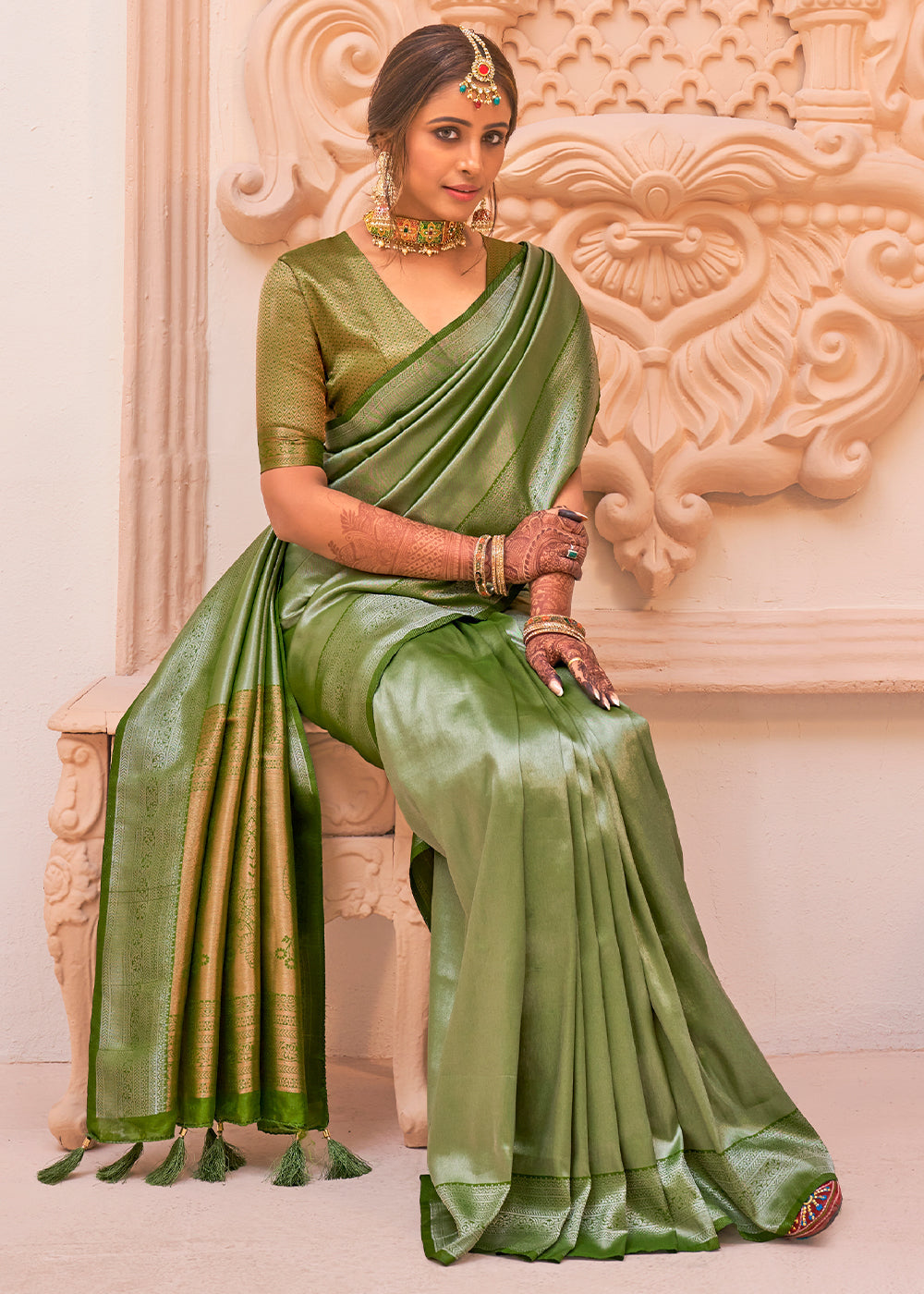 Buy MySilkLove Locust Green Zari Woven Designer Saree Online