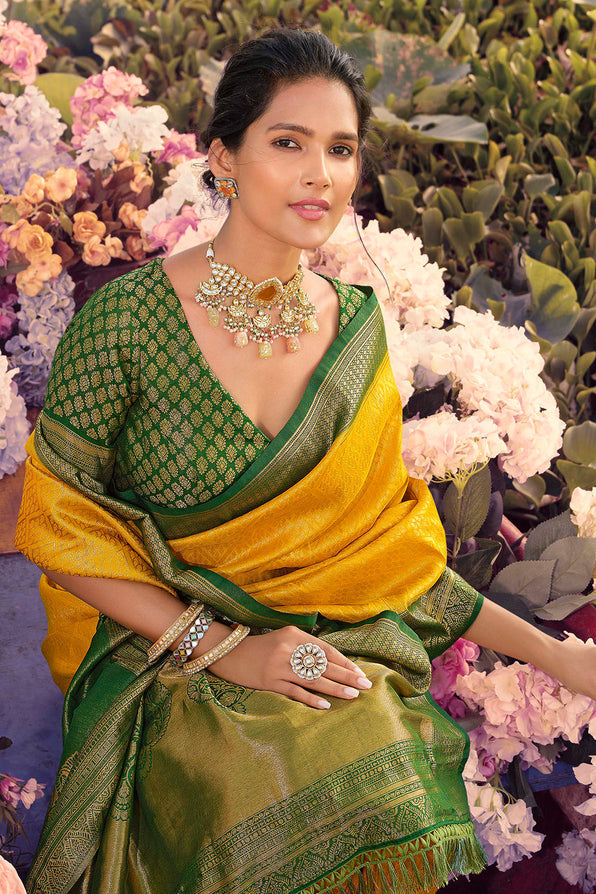 Buy MySilkLove Ochre Yellow and Green Woven Kanjivaram Saree Online