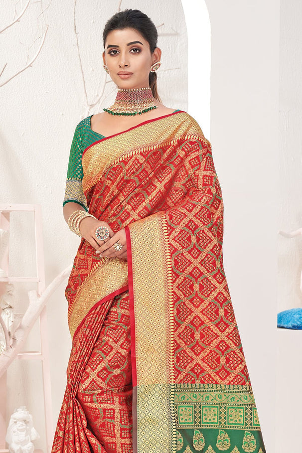 MySilkLove Mahogany Red and Green Zari Woven Patola Saree