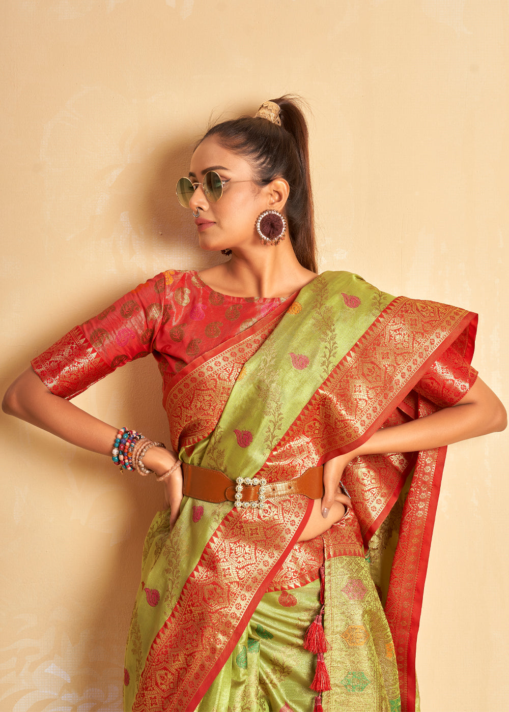 Buy MySilkLove Wild Rice Green Woven Banarasi Brocade Silk Saree Online