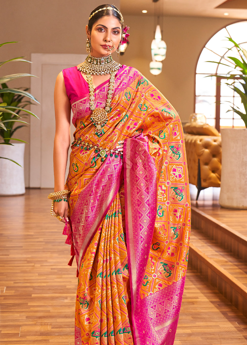 MySilkLove Texas Rose Orange Woven Banarasi Patola Silk Saree