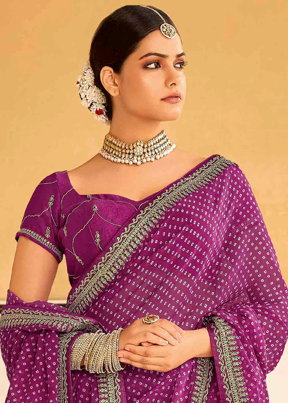 Buy MySilkLove Rouge Purple Georgette Leheriya Printed Saree with Embroidered Blouse Online