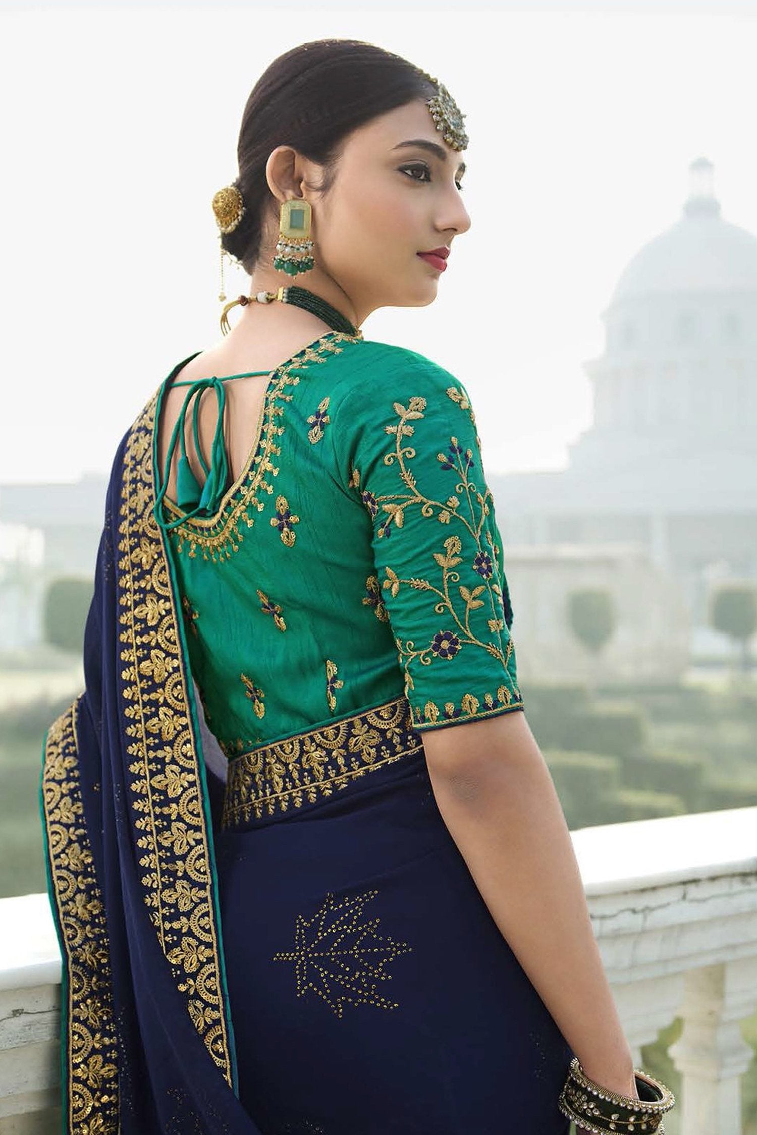 Buy MySilkLove Mirage Blue and Green Chiffon Stone Work Saree Online