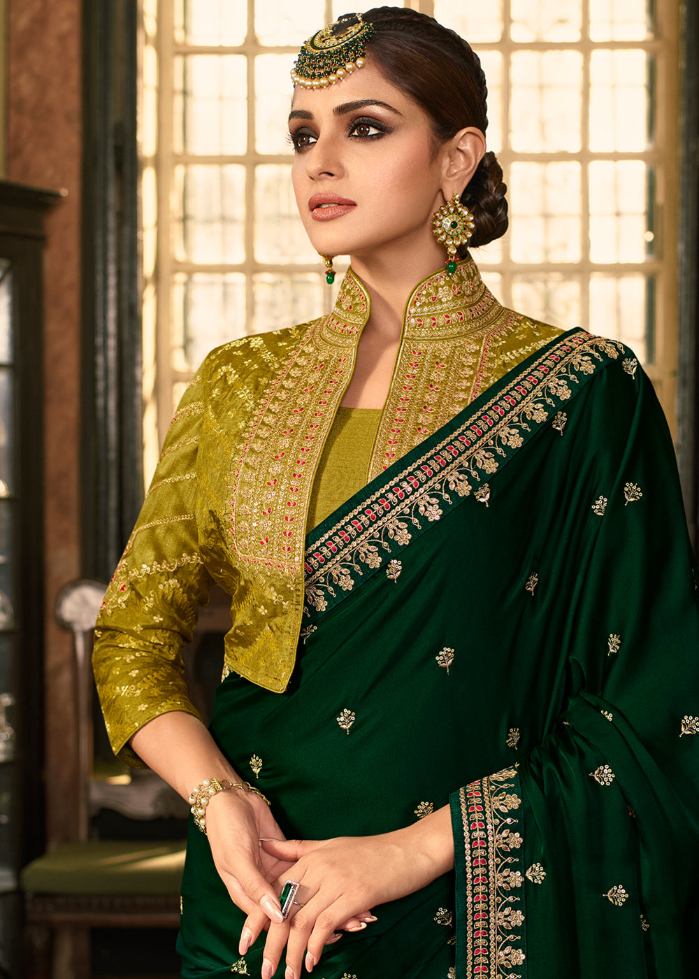 Buy MySilkLove Dark Fern Green White Designer Embroidered Silk Saree Online