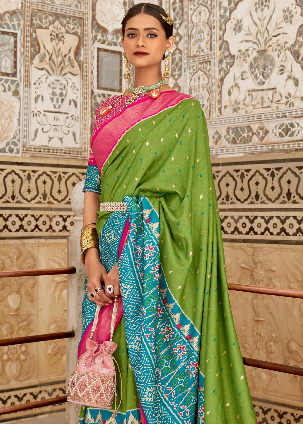 Buy MySilkLove Green Pink and Blue Cotton Patola Printed Saree Online