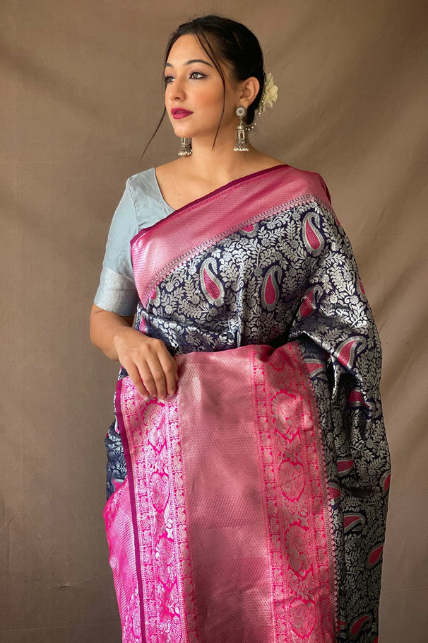 Buy MySilkLove Opal Blue and Pink Kanjivaram Silk Saree Online