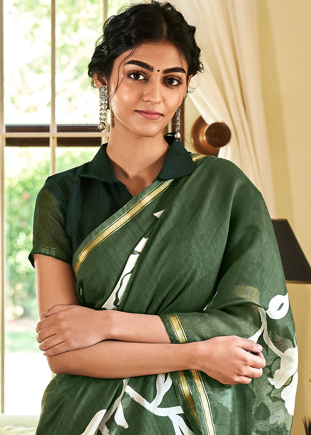 Buy MySilkLove Everglade Green Cotton Linen Batik Printed Saree Online