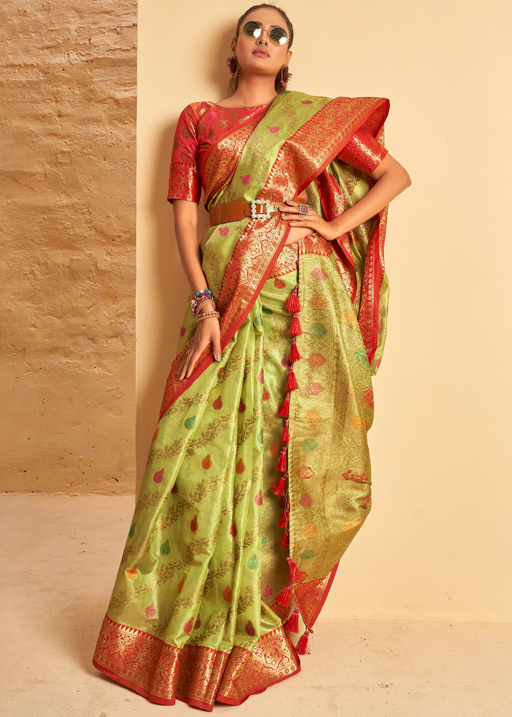 Buy MySilkLove Wild Rice Green Woven Banarasi Brocade Silk Saree Online