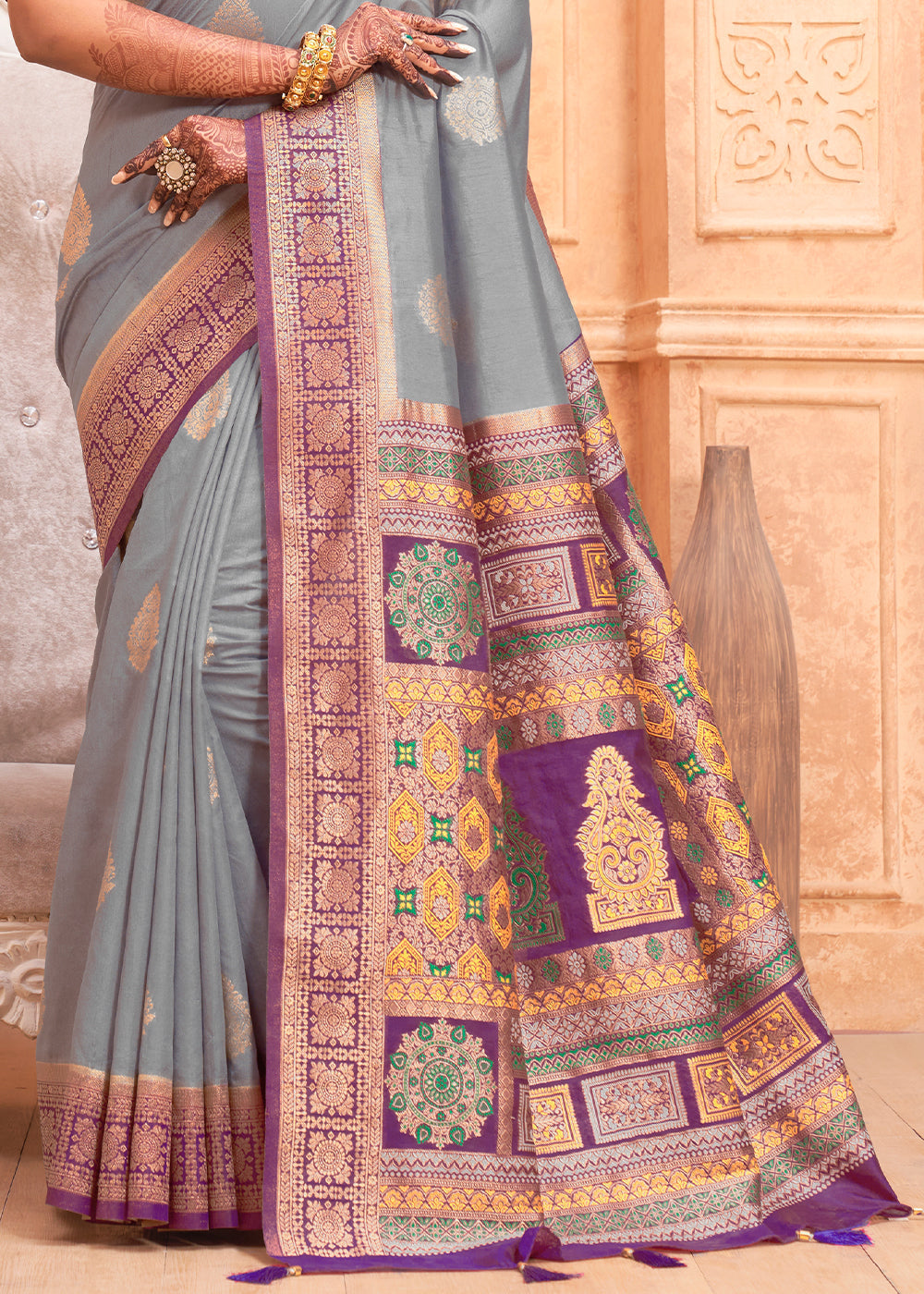 Buy MySilkLove Venus Grey and Purple Zari Woven Banarasi Silk Saree Online