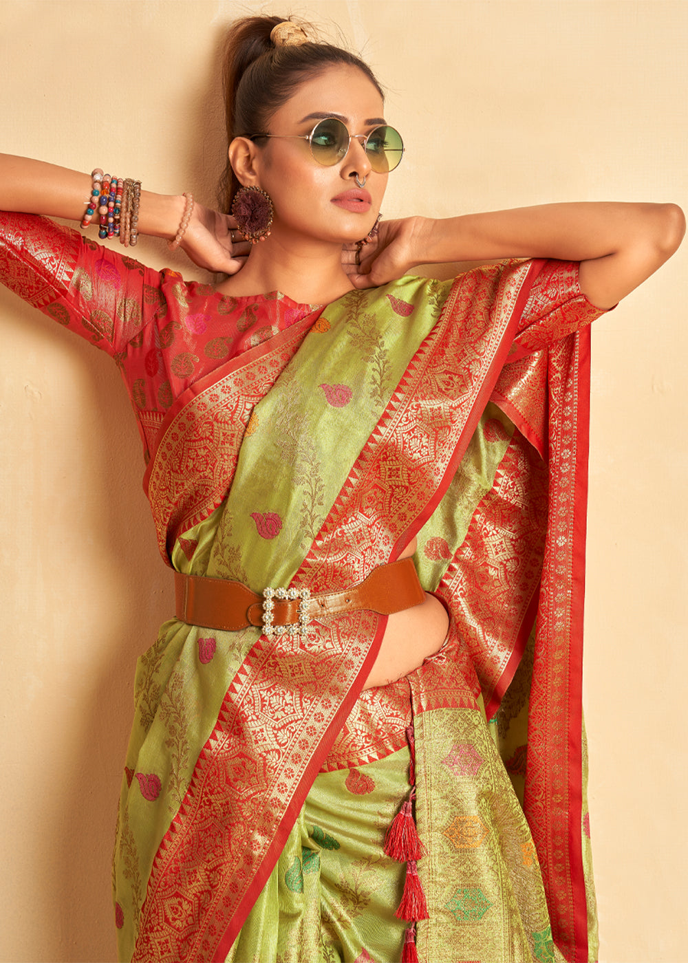 Buy MySilkLove Wild Rice Green Woven Banarasi Brocade Silk Saree Online