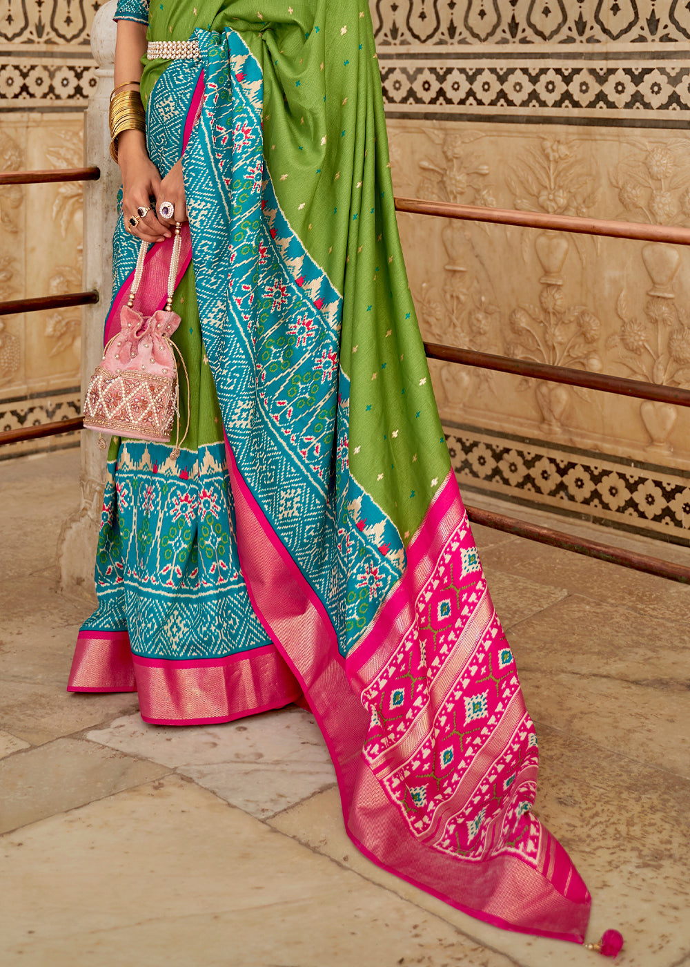 Buy MySilkLove Green Pink and Blue Cotton Patola Printed Saree Online