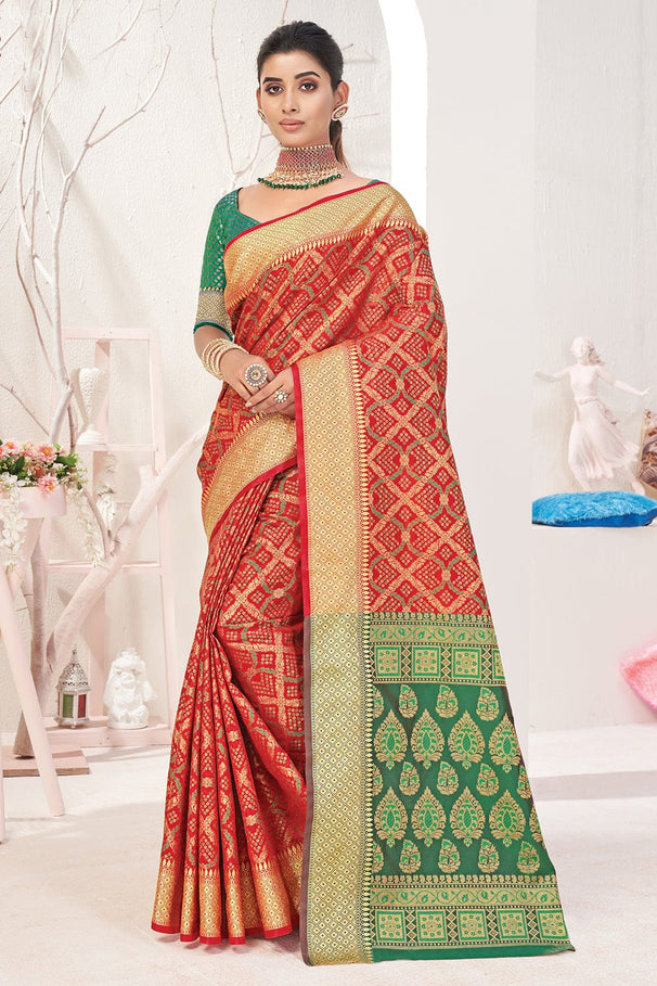 Buy MySilkLove Mahogany Red and Green Zari Woven Patola Saree Online