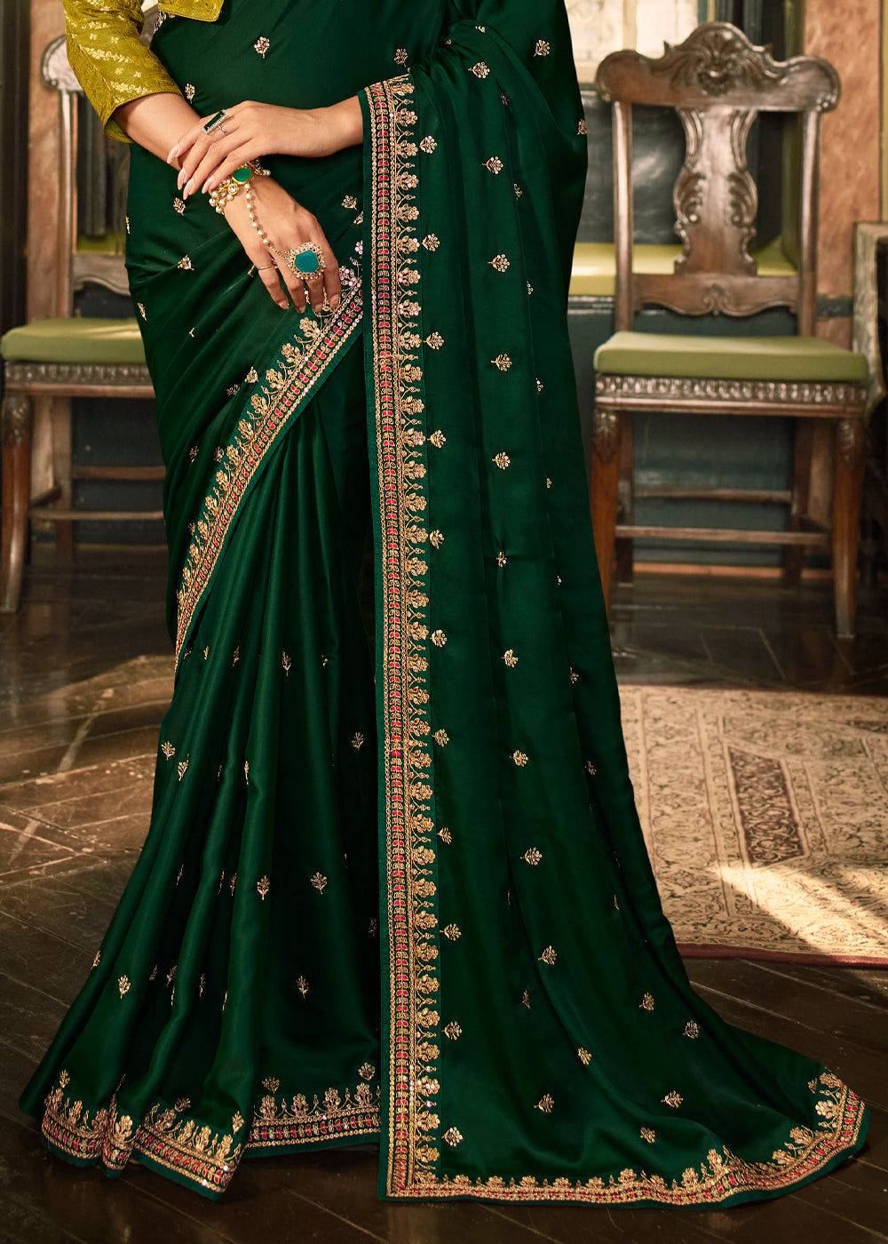 Buy MySilkLove Dark Fern Green White Designer Embroidered Silk Saree Online