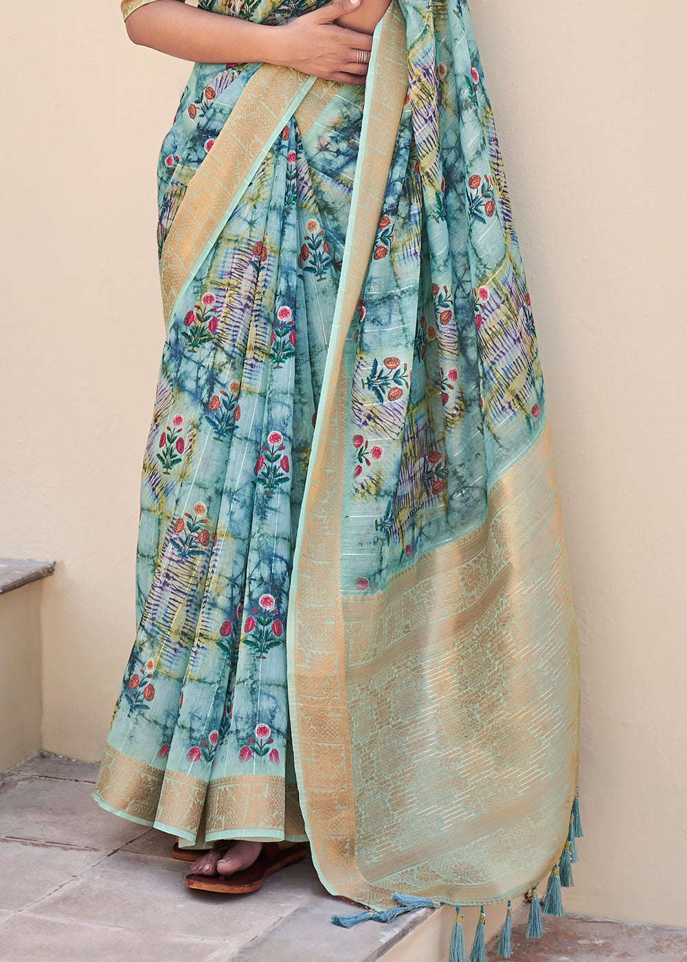 Buy MySilkLove Juniper Blue Digital Print Linen Saree Online