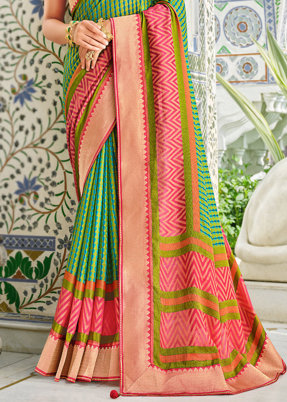 Buy MySilkLove Aqua Forest Green Brasso Patola Printed Saree Online