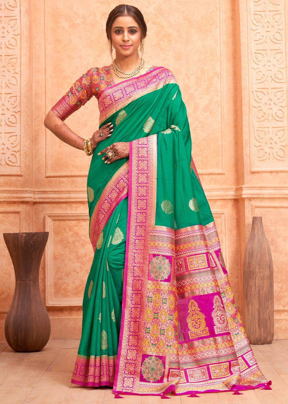 Buy MySilkLove Salem Green and Pink Zari Woven Banarasi Silk Saree Online