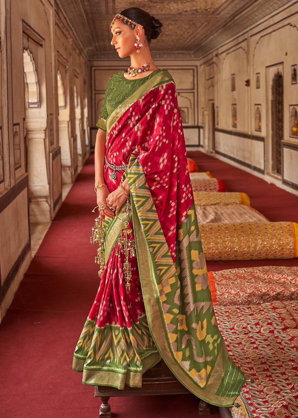 Buy MySilkLove Cedar Red and Green Printed Patola Silk Saree Online