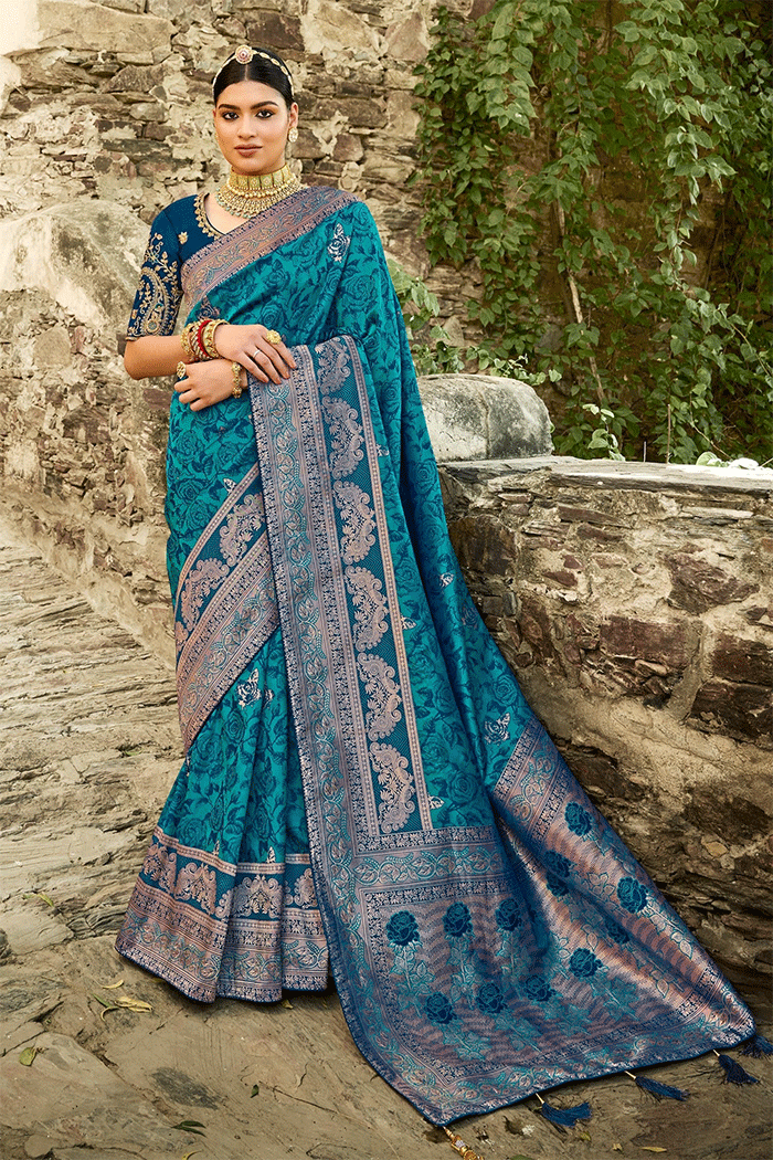 Buy MySilkLove Elm Dark Blue Zari Woven Banarasi Saree Online