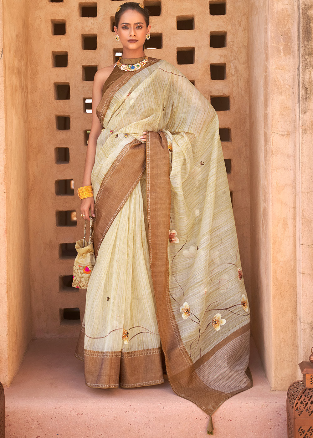 Buy MySilkLove Wheat Cream Printed Kora Silk Saree Online