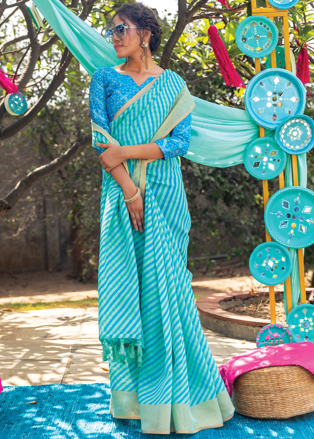 Buy MySilkLove Fountain Blue Cotton Saree With Leheriya Print Online