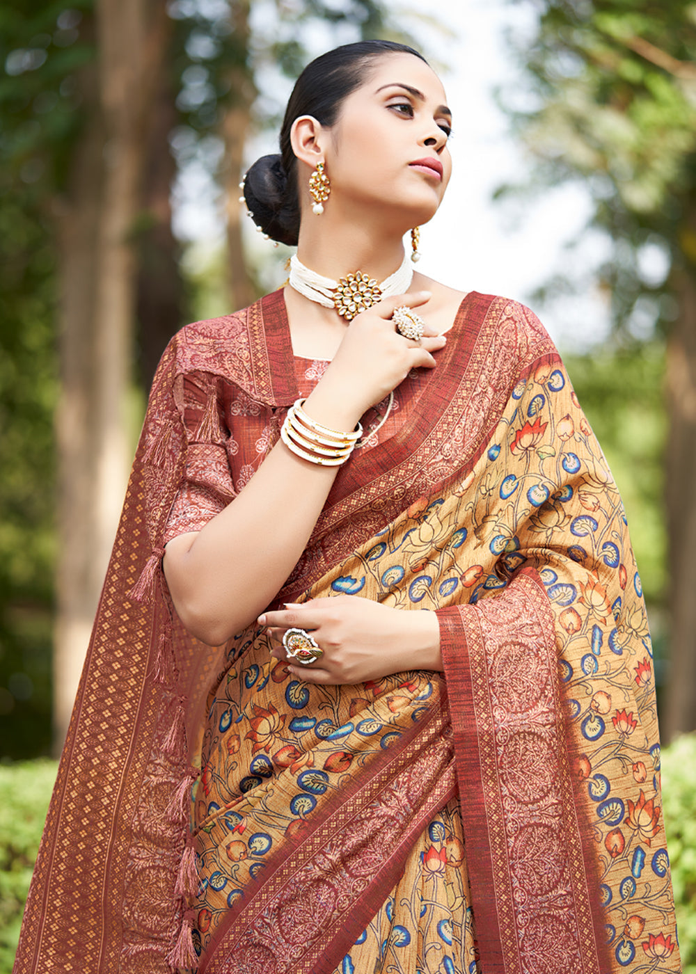 MySilkLove Antique Yellow Linen Kalamkari Digital Print Saree