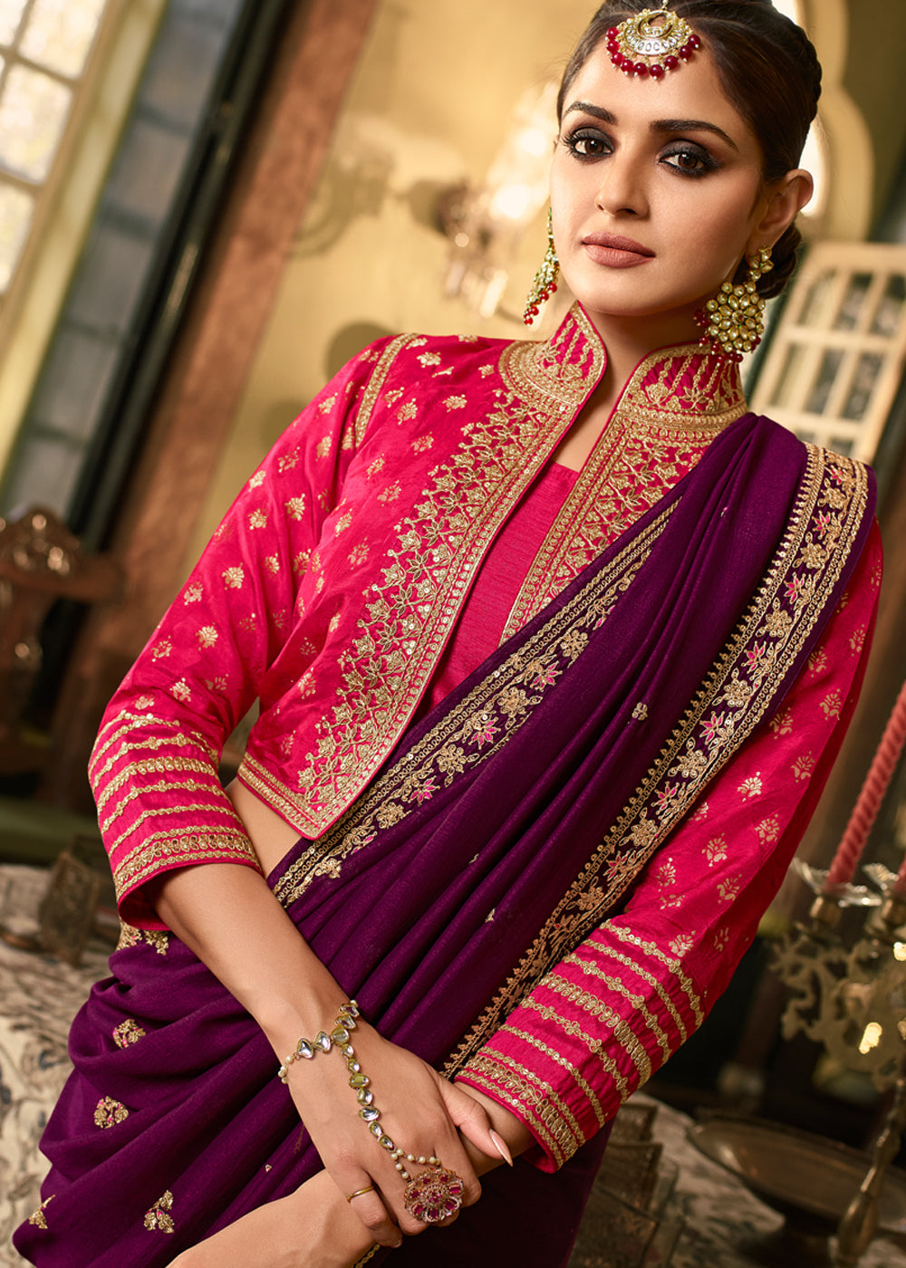 Buy MySilkLove Cab Sav Purple Designer Embroidered Silk Saree Online