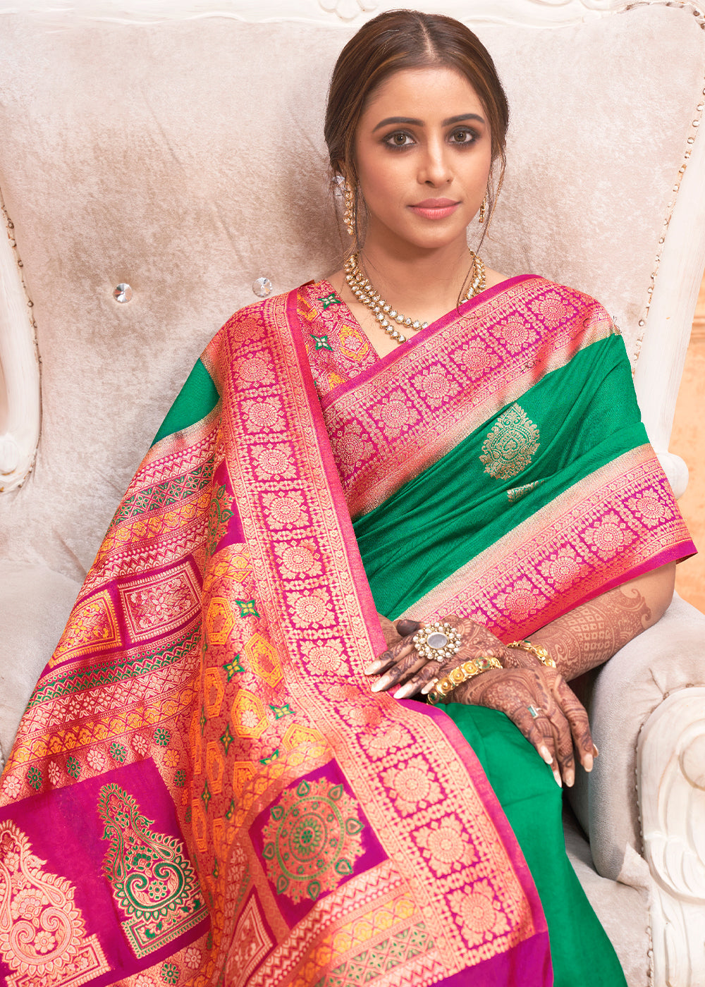 MySilkLove Salem Green and Pink Zari Woven Banarasi Silk Saree