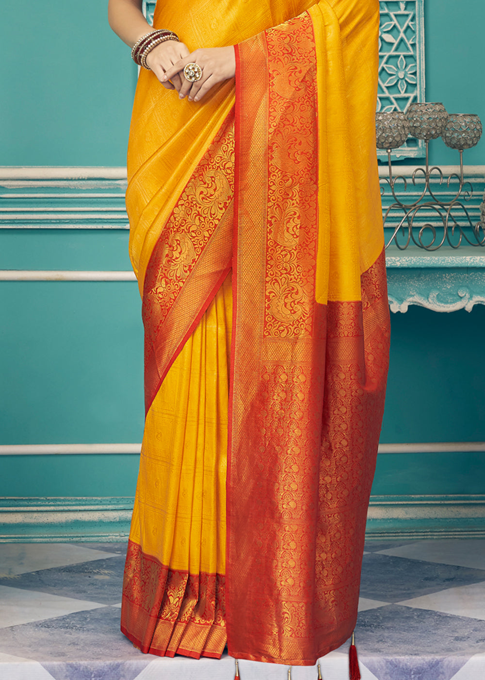 Buy MySilkLove Neon Carrot Orange and Red kanjivaram Saree Online