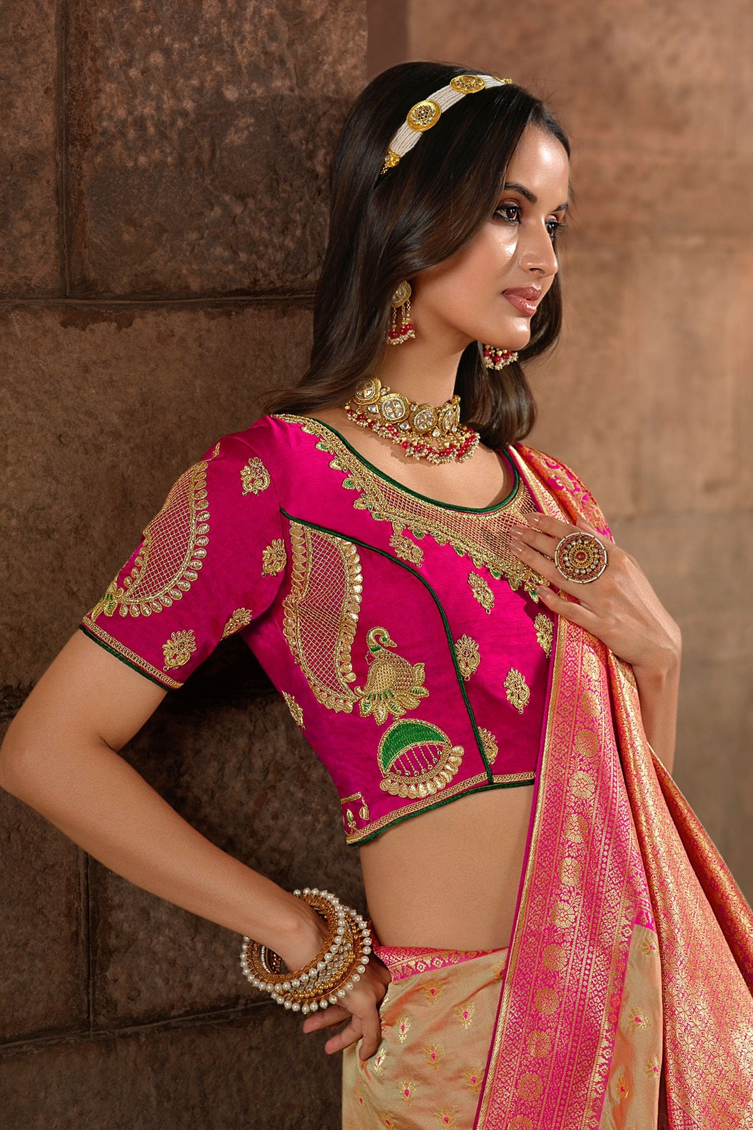 Buy MySilkLove Whiskey Brown and Pink Designer Banarasi Woven Silk Saree Online