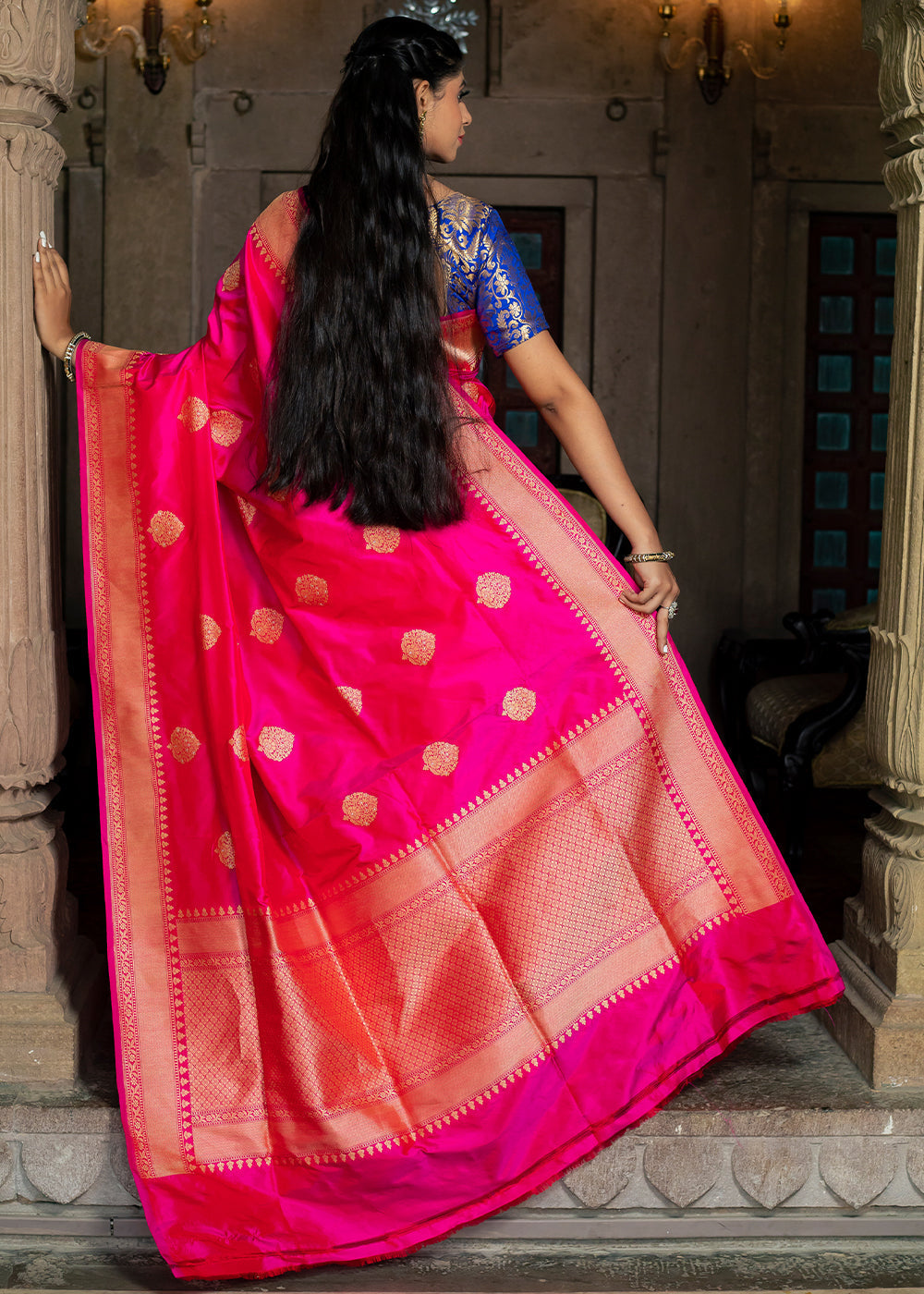 Buy MySilkLove Razzle Pink Hand Woven Katan Pure Silk Saree Online