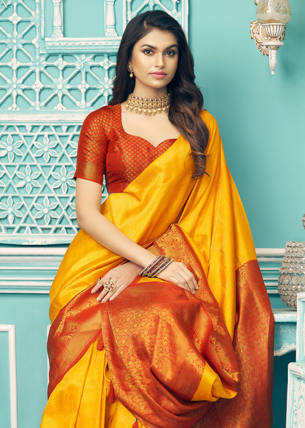 Buy MySilkLove Neon Carrot Orange and Red kanjivaram Saree Online