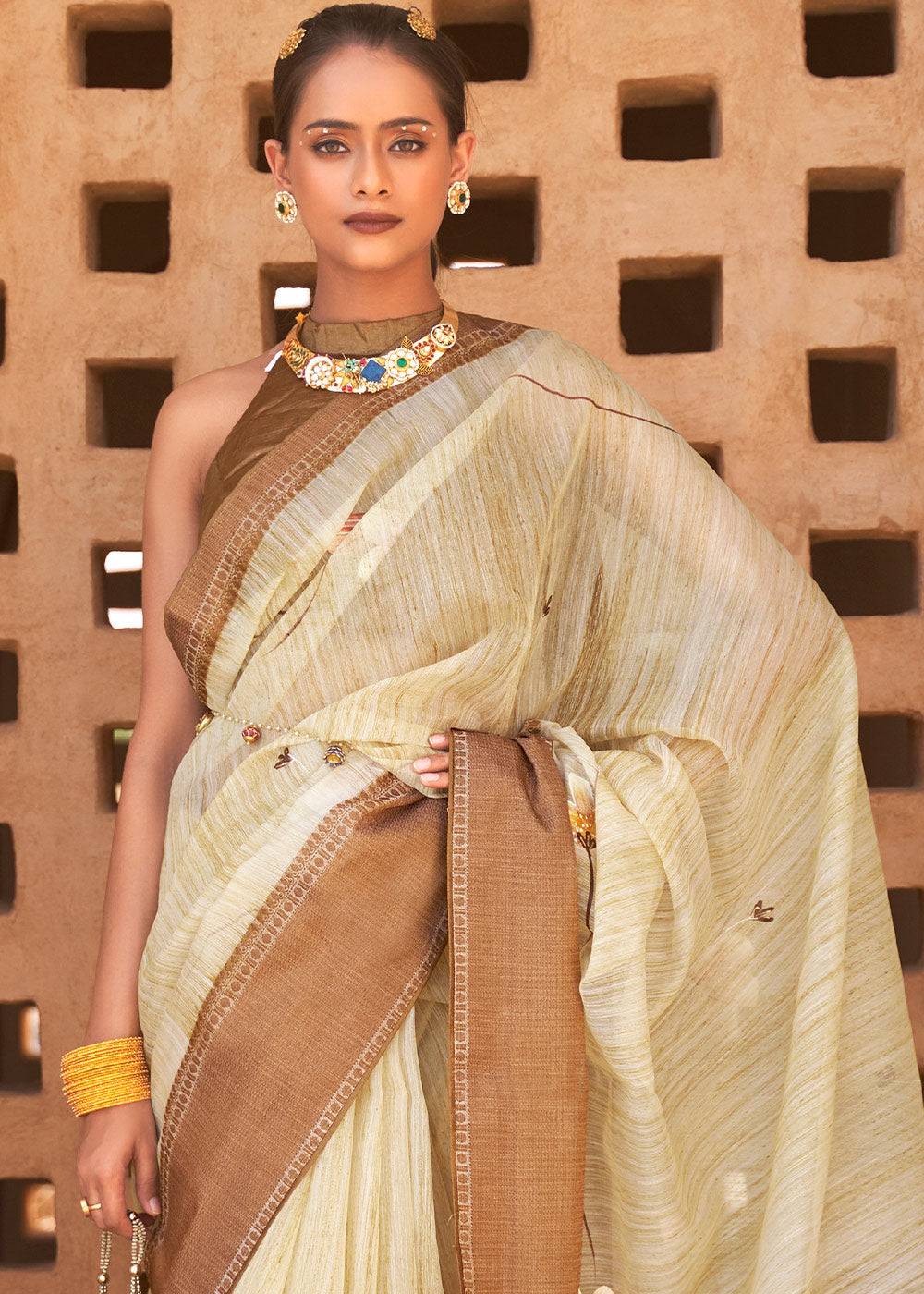 Buy MySilkLove Wheat Cream Printed Kora Silk Saree Online