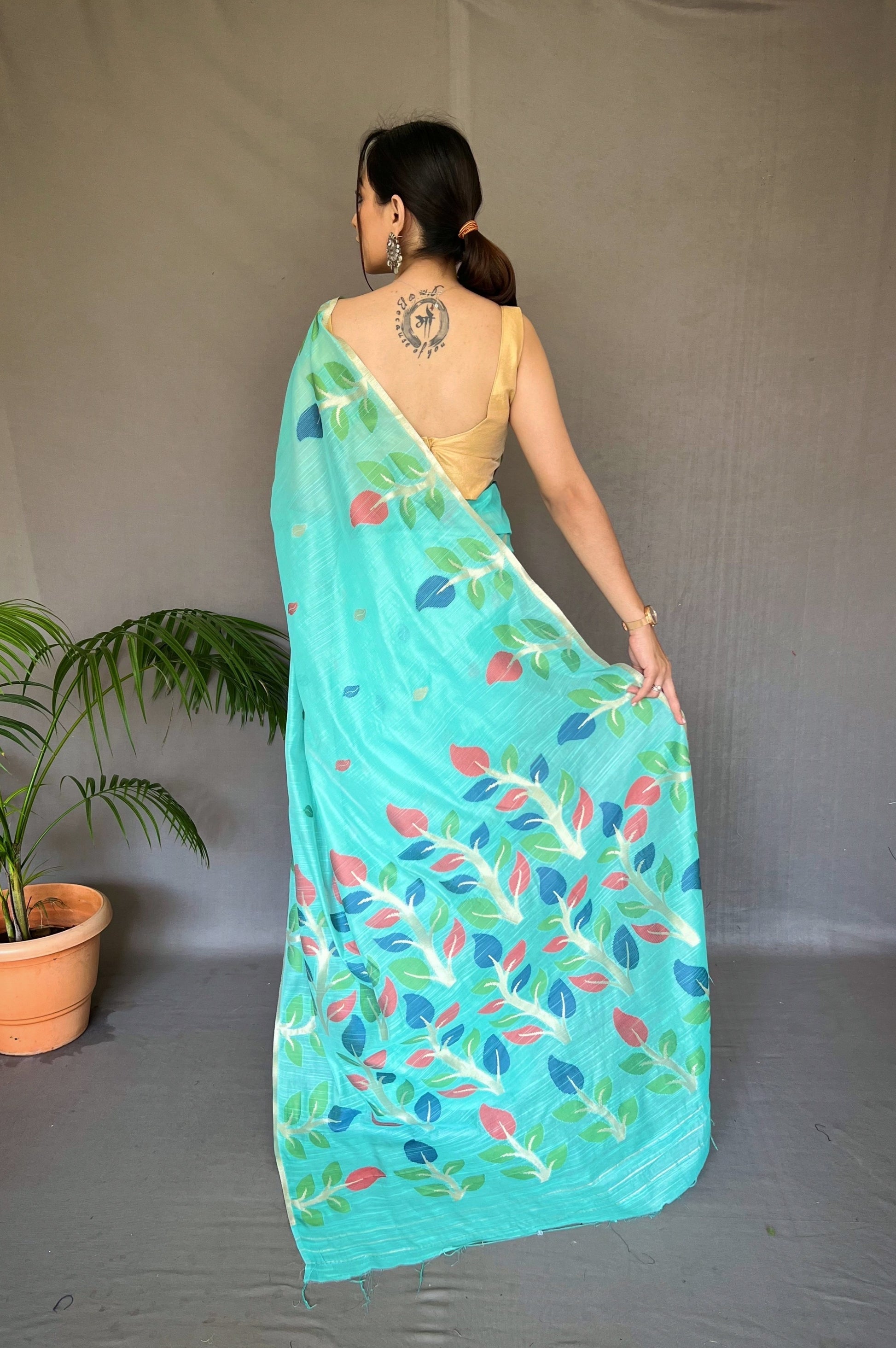 Buy MySilkLove Aquamarine Blue Woven Cotton Jamdani Silk Saree Online