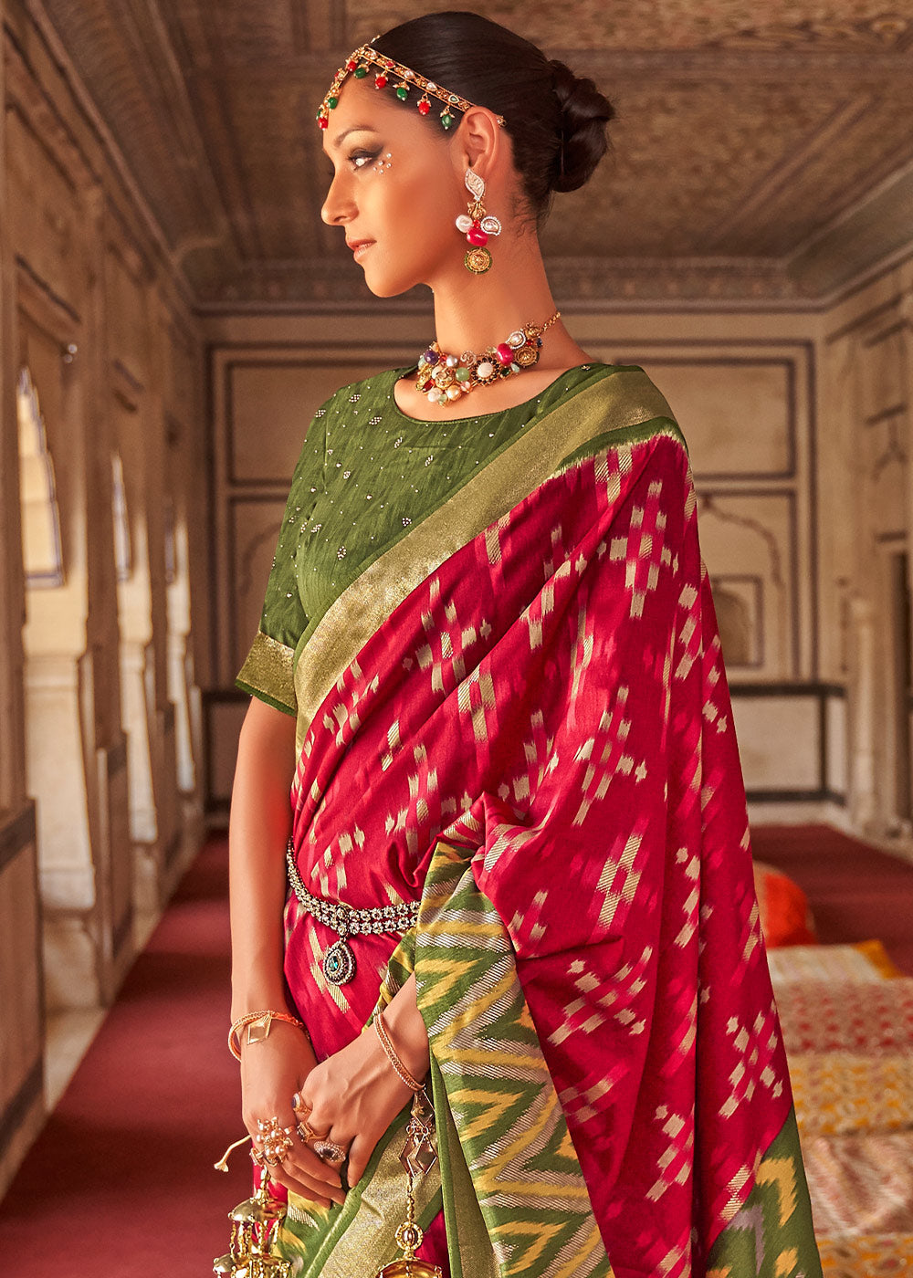 Buy MySilkLove Cedar Red and Green Printed Patola Silk Saree Online