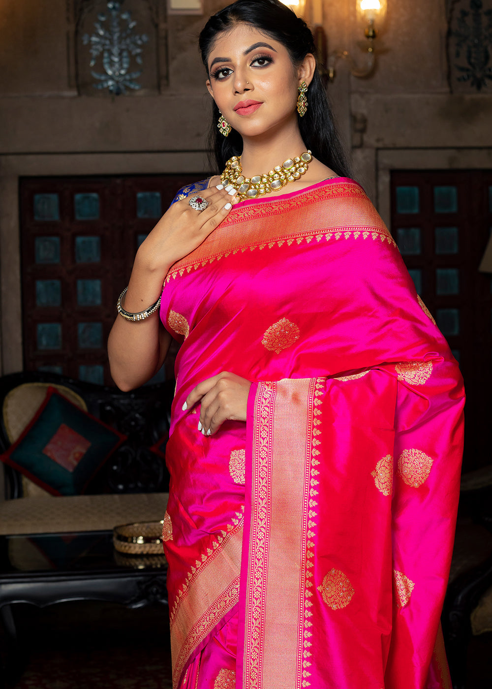 Buy MySilkLove Razzle Pink Hand Woven Katan Pure Silk Saree Online