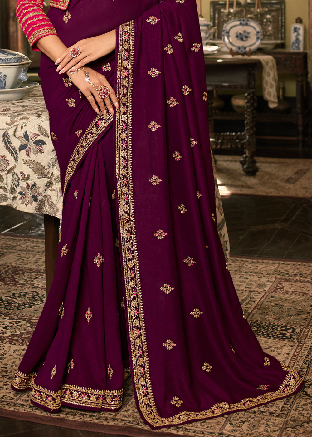 Buy MySilkLove Cab Sav Purple Designer Embroidered Silk Saree Online