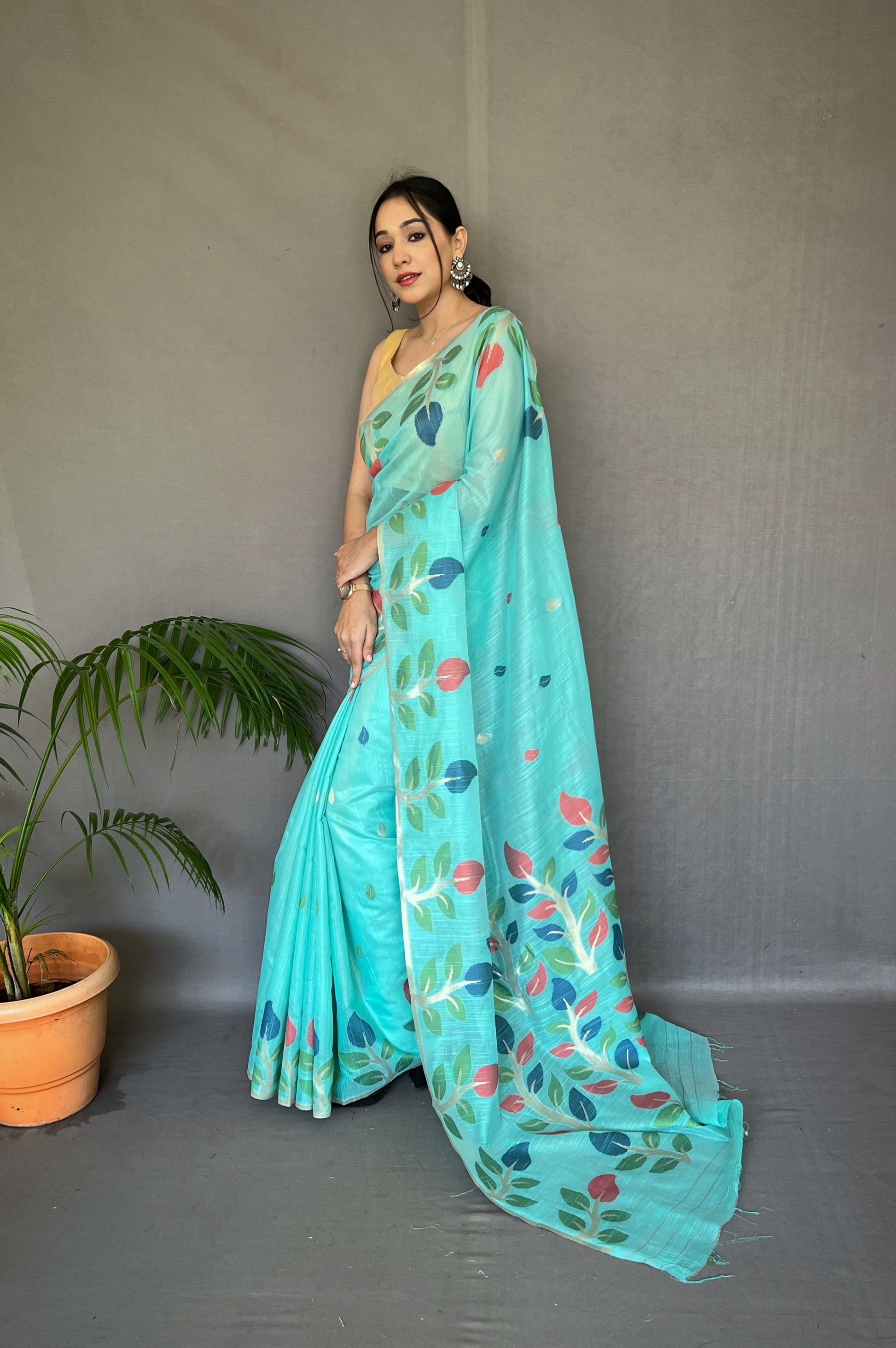 Buy MySilkLove Aquamarine Blue Woven Cotton Jamdani Silk Saree Online